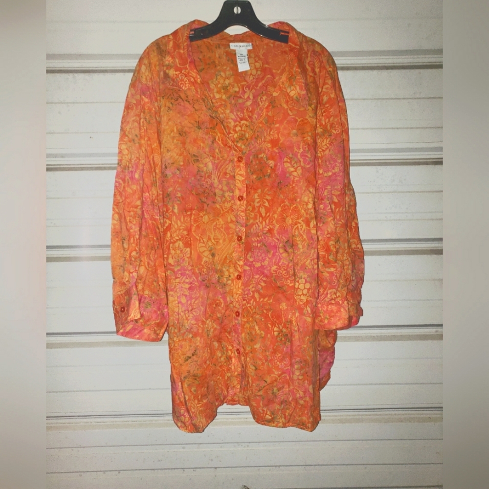 5X Plus Size Catherines Orange Spring Cotton Blouse Top Shirt Floral leaf Print
